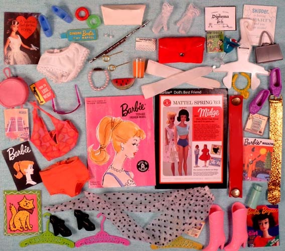 Barbie accessories from the 1960s, including a miniature magazine, shoes, gloves, underwear, a purse, jewelry, etc.